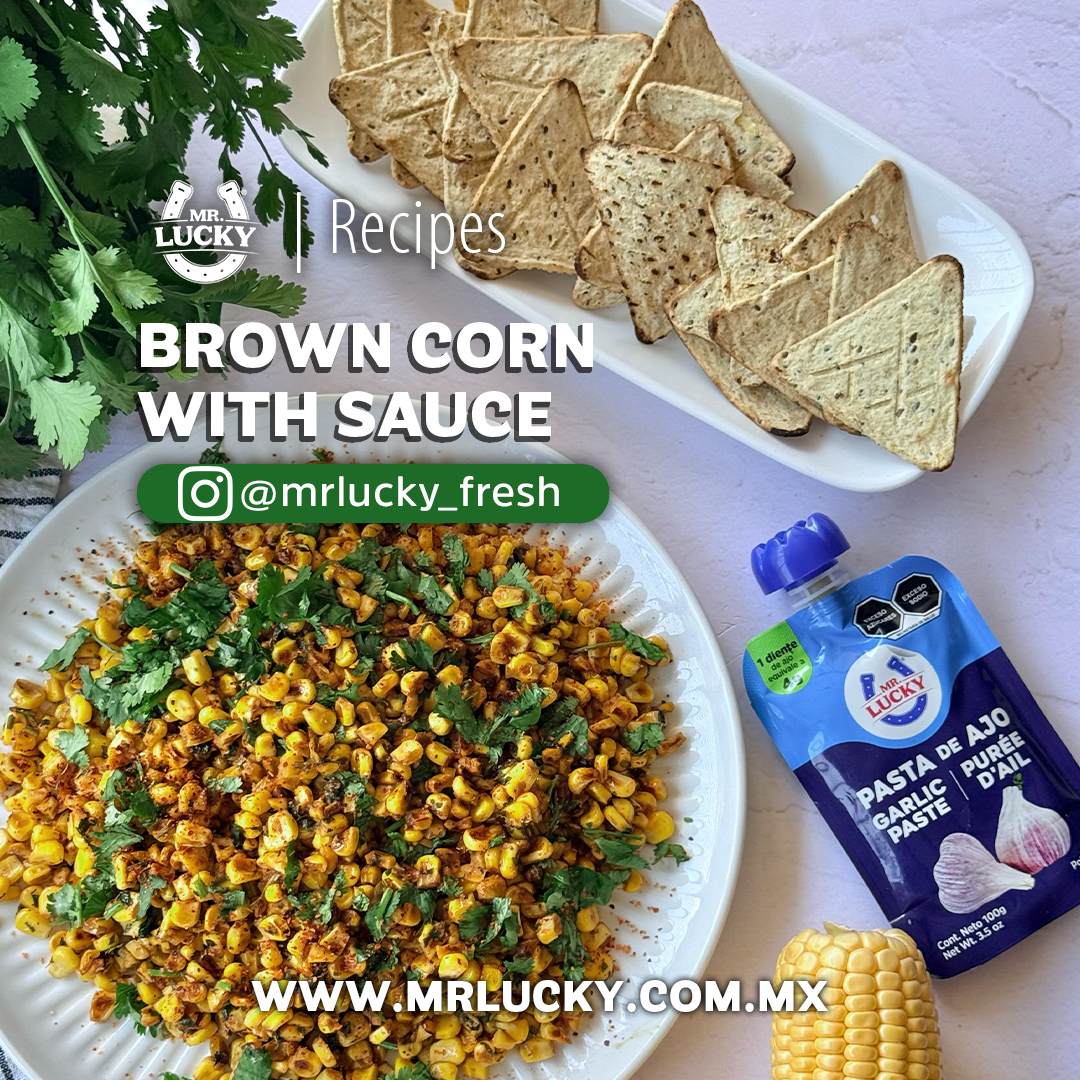 Brown corn with black sauce